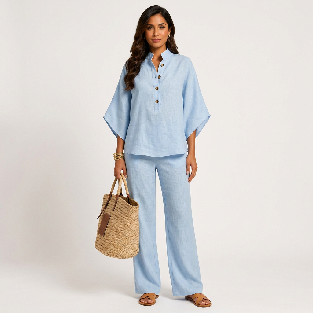 Cotton Linen Button Neck Top and Wide Leg Pants Set for Vacation Getaways and Effortless Comfort Women-Vyana Collective