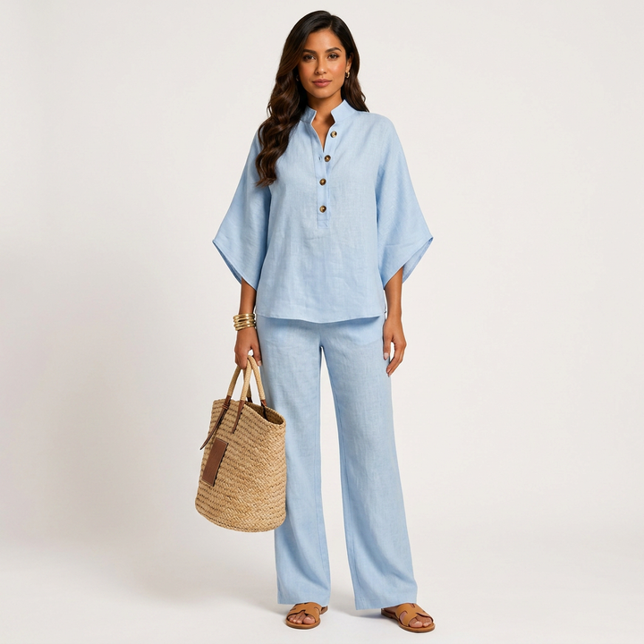 Cotton Linen Button Neck Top and Wide Leg Pants Set for Vacation Getaways and Effortless Comfort Women-Vyana Collective