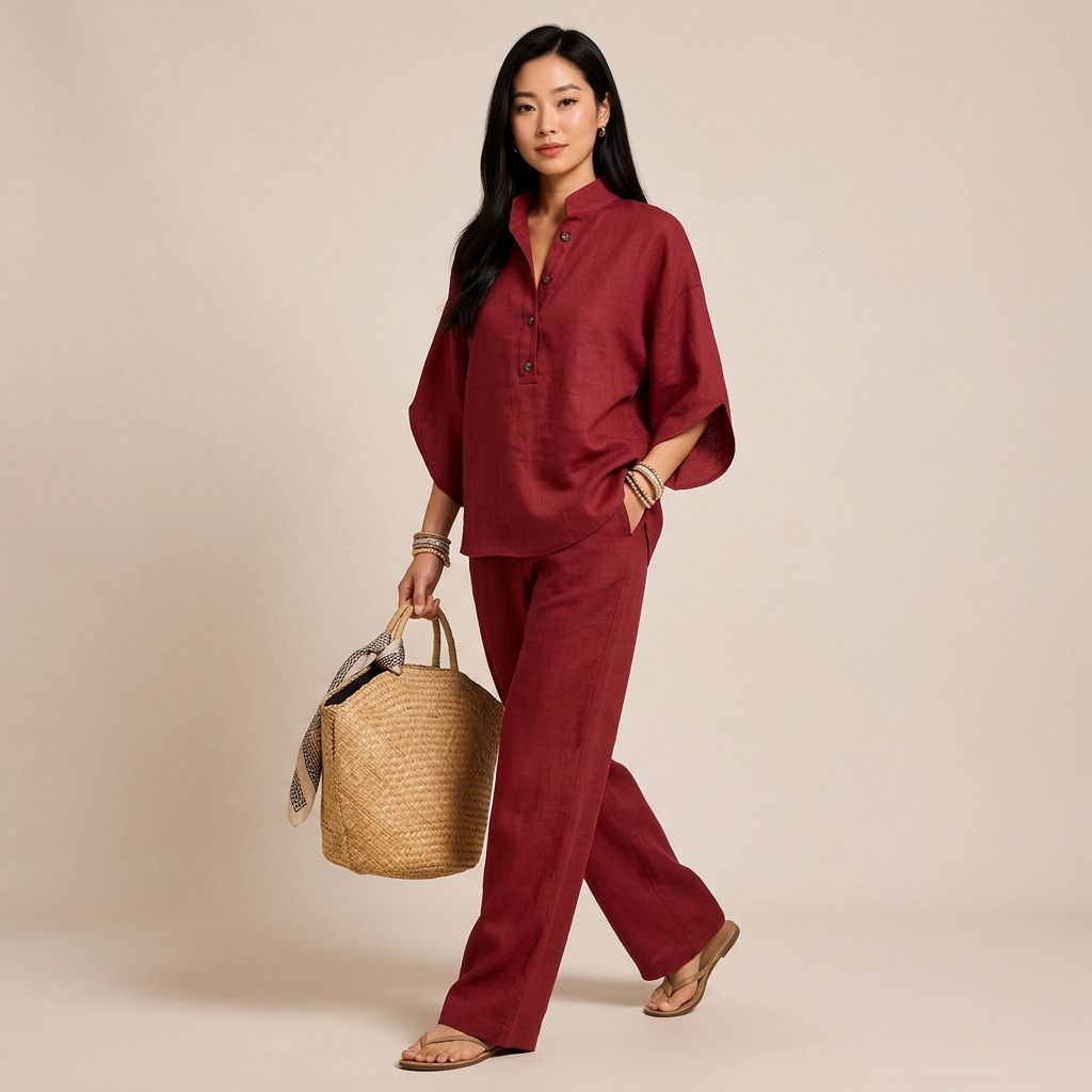 Cotton Linen Button Neck Top and Wide Leg Pants Set for Vacation Getaways and Effortless Comfort Women-Vyana Collective