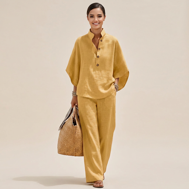 Cotton Linen Button Neck Top and Wide Leg Pants Set for Vacation Getaways and Effortless Comfort Women-Vyana Collective