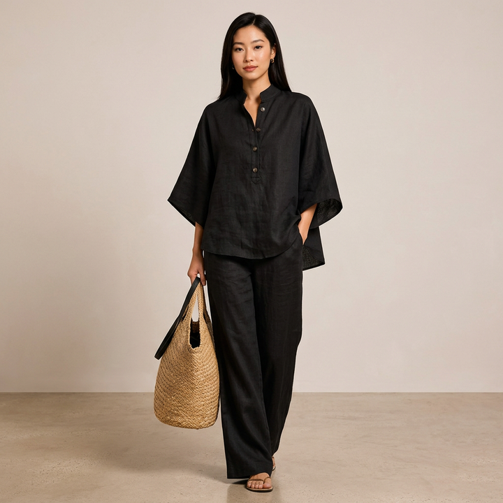 Cotton Linen Button Neck Top and Wide Leg Pants Set for Vacation Getaways and Effortless Comfort Women-Vyana Collective