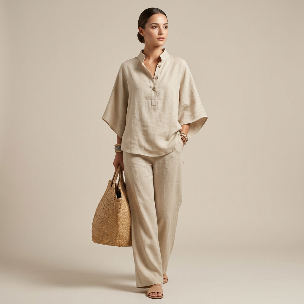 Cotton Linen Button Neck Top and Wide Leg Pants Set for Vacation Getaways and Effortless Comfort Women-Vyana Collective