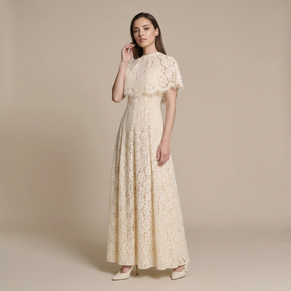 Cream Floral Lace Cape Overlay Maxi Dress-Vyana Collective