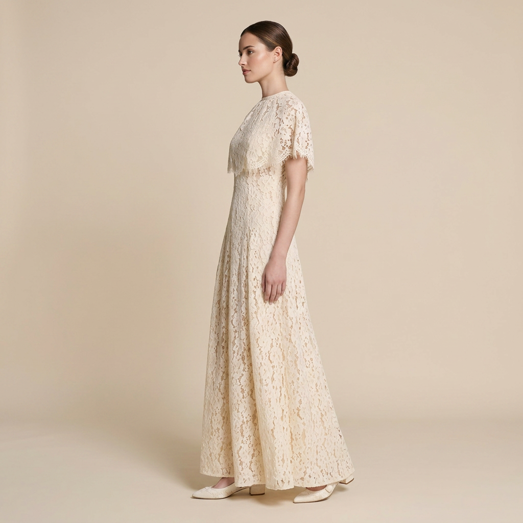 Cream Floral Lace Cape Overlay Maxi Dress-Vyana Collective
