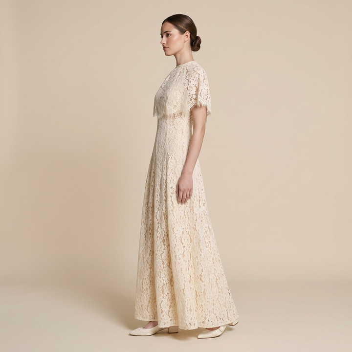 Cream Floral Lace Cape Overlay Maxi Dress-Vyana Collective