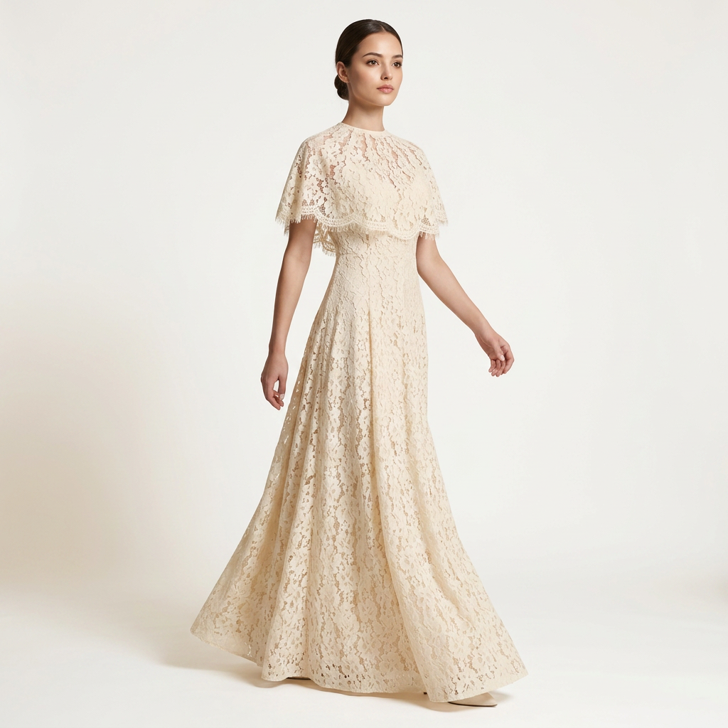 Cream Floral Lace Cape Overlay Maxi Dress-Vyana Collective
