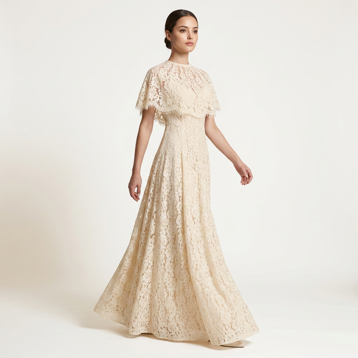 Cream Floral Lace Cape Overlay Maxi Dress-Vyana Collective