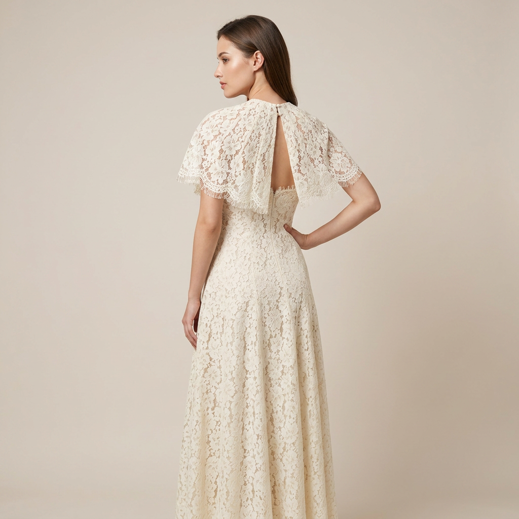 Cream Floral Lace Cape Overlay Maxi Dress-Vyana Collective