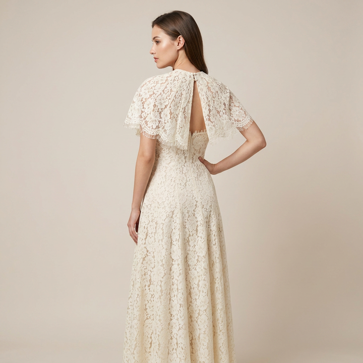Cream Floral Lace Cape Overlay Maxi Dress-Vyana Collective
