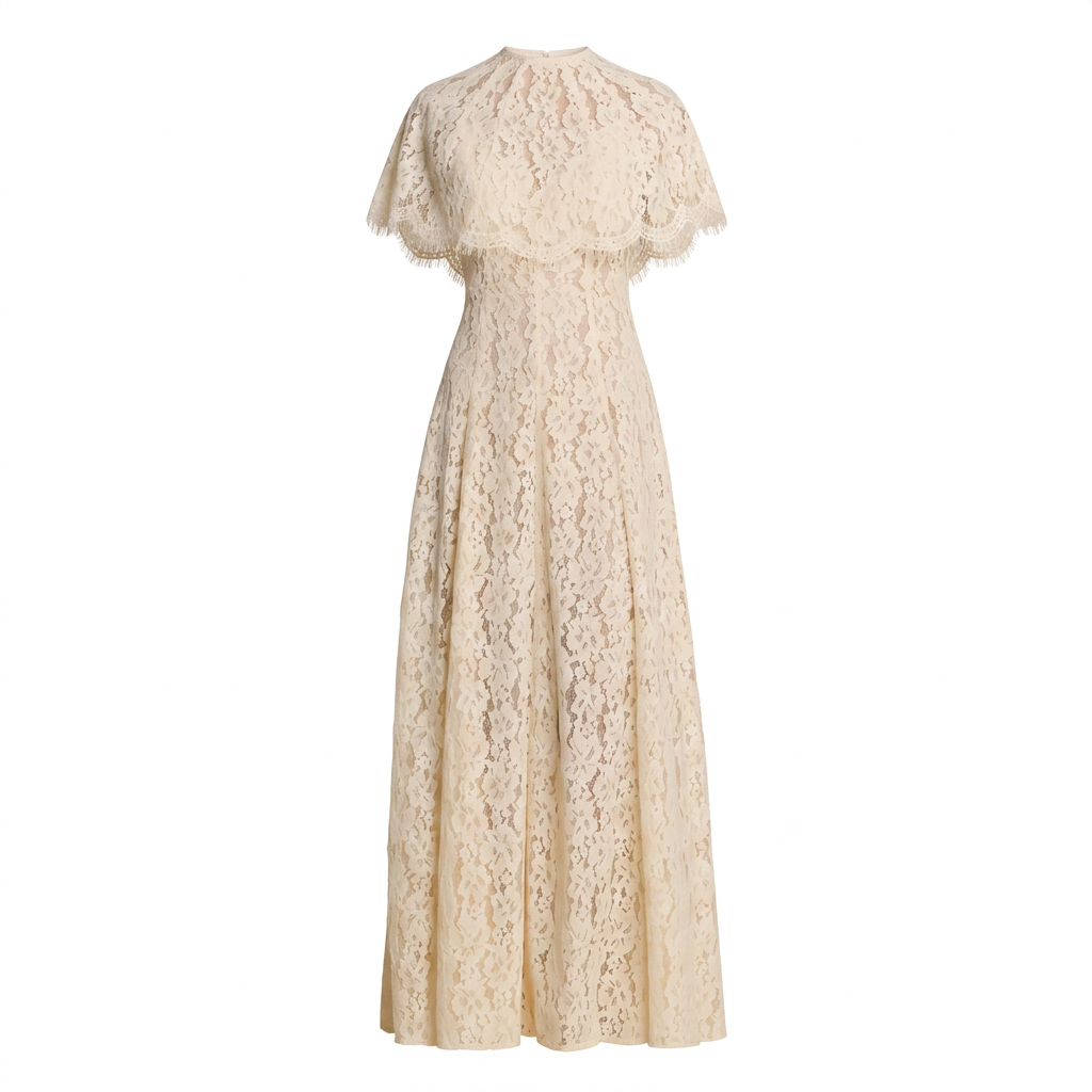 Cream Floral Lace Cape Overlay Maxi Dress-Vyana Collective
