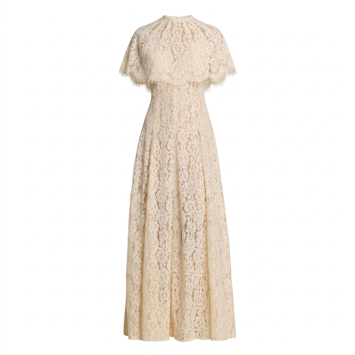 Cream Floral Lace Cape Overlay Maxi Dress-Vyana Collective