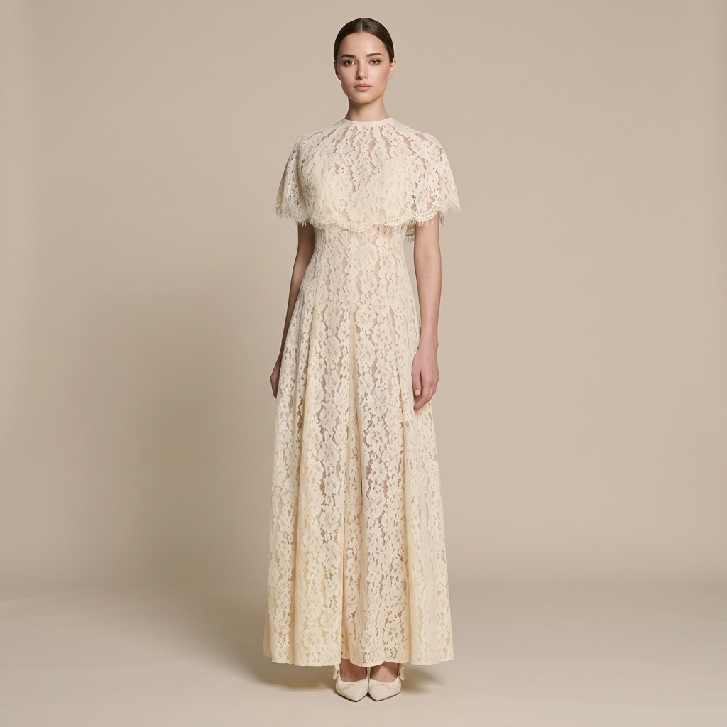 Cream Floral Lace Cape Overlay Maxi Dress-Vyana Collective