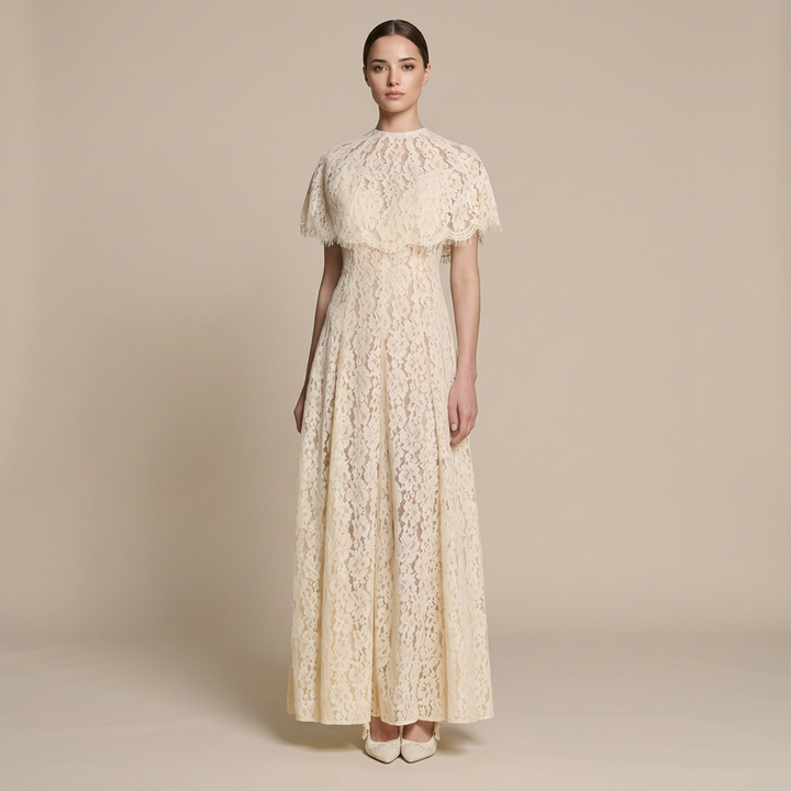 Cream Floral Lace Cape Overlay Maxi Dress-Vyana Collective