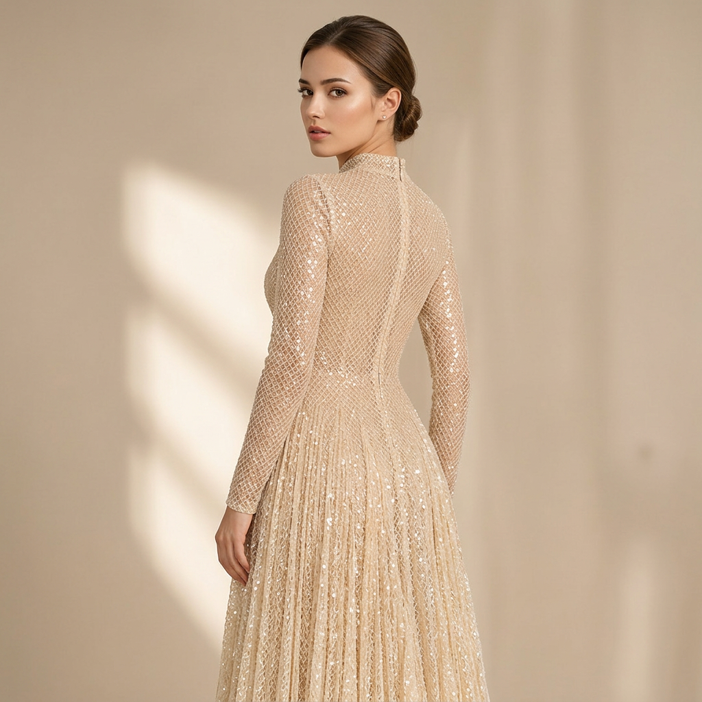 Cream Sequin Mesh High-Neck Long-Sleeve A-Line Evening Gown-Vyana Collective