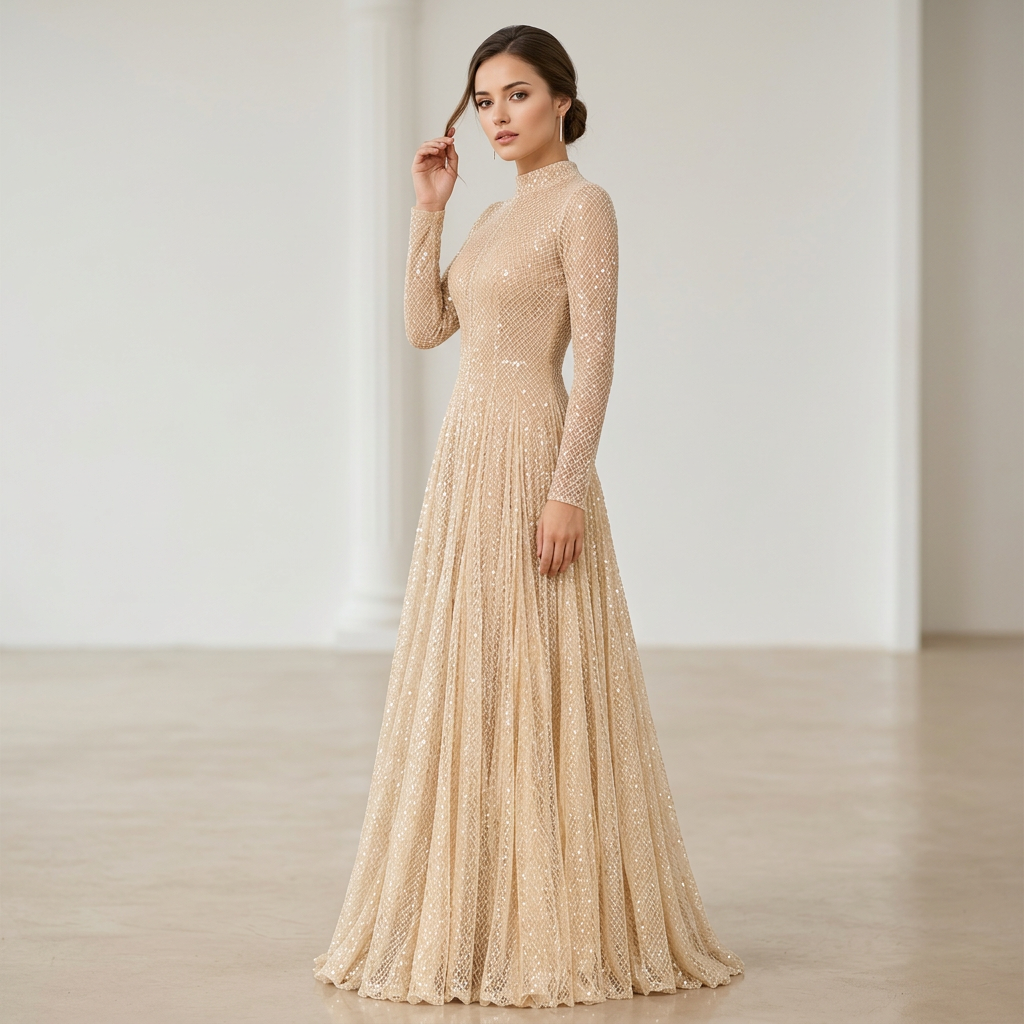 Cream Sequin Mesh High-Neck Long-Sleeve A-Line Evening Gown-Vyana Collective