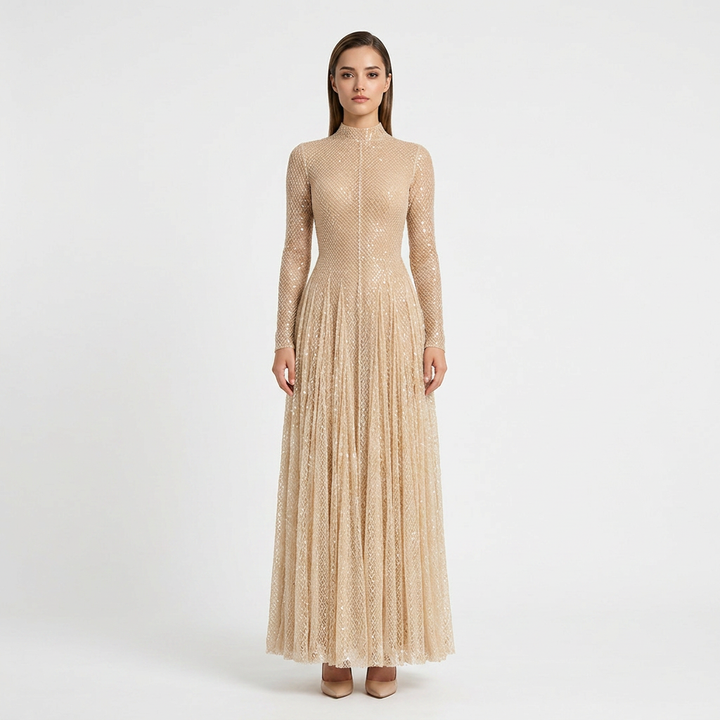 Cream Sequin Mesh High-Neck Long-Sleeve A-Line Evening Gown-Vyana Collective