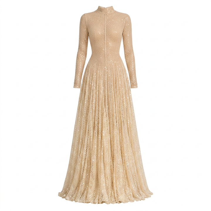 Cream Sequin Mesh High-Neck Long-Sleeve A-Line Evening Gown-Vyana Collective