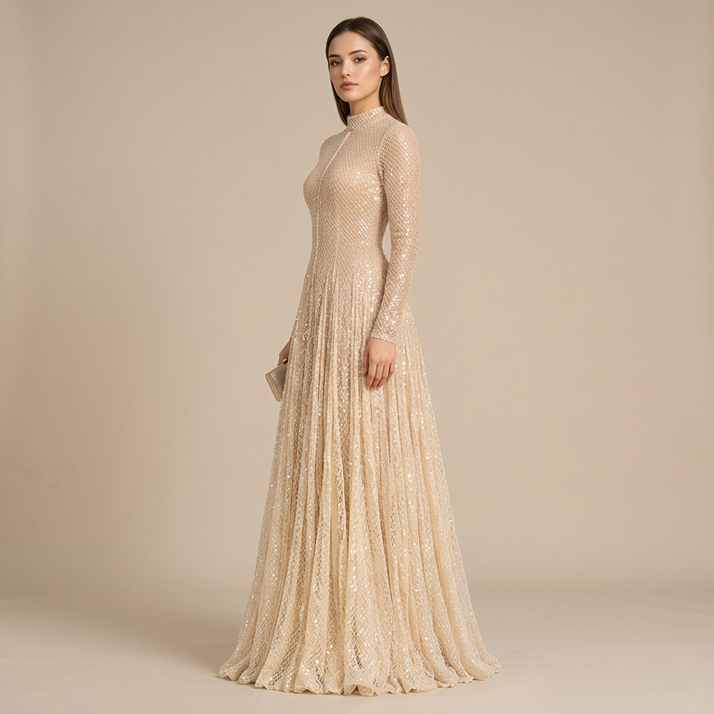 Cream Sequin Mesh High-Neck Long-Sleeve A-Line Evening Gown-Vyana Collective