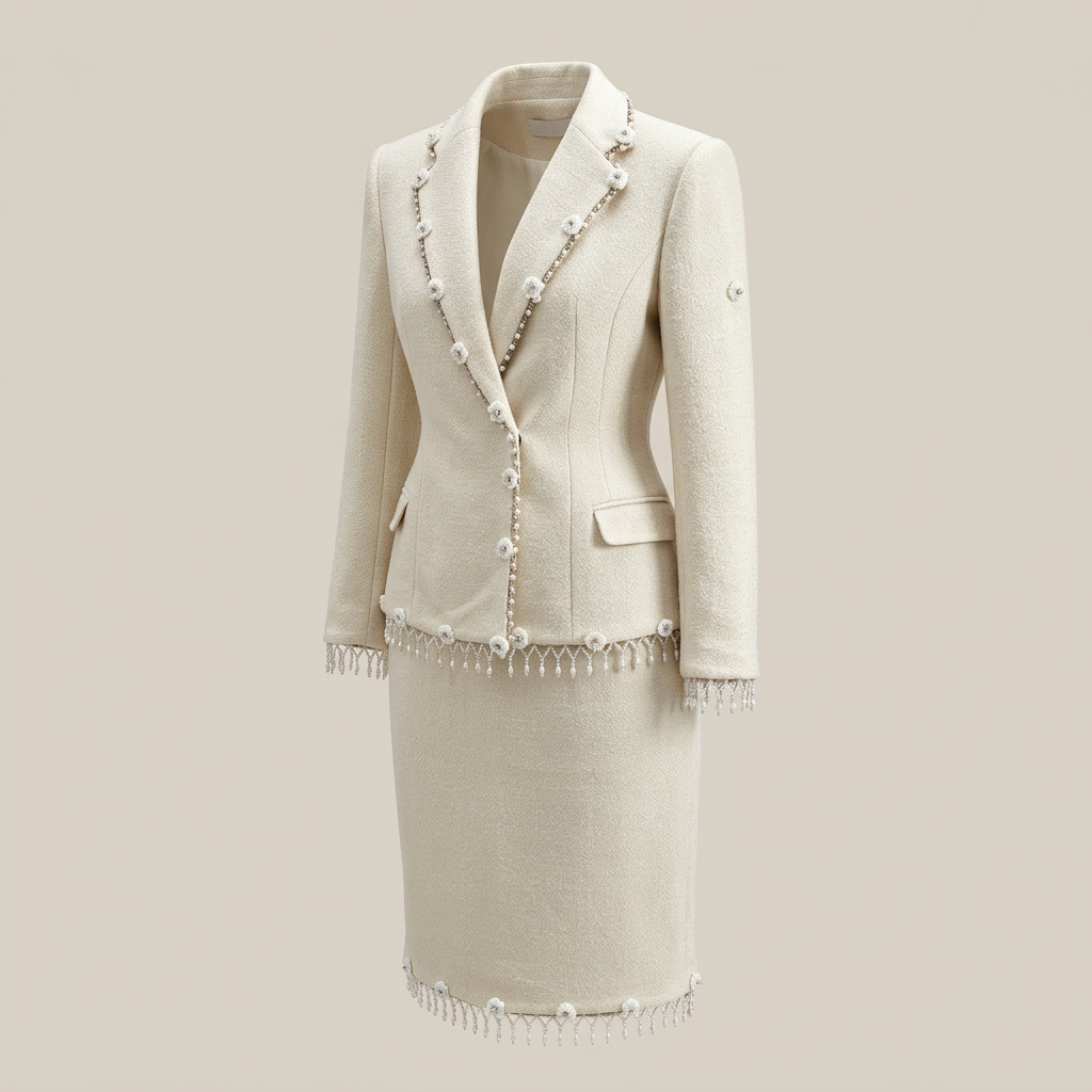 Cream Tweed Crystal Floral Fringe Blazer &amp; Pencil Skirt Suit Set-Vyana Collective