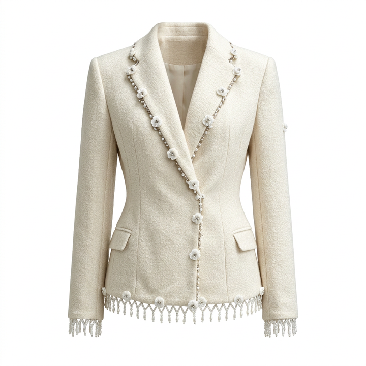 Cream Tweed Crystal Floral Fringe Blazer &amp; Pencil Skirt Suit Set-Vyana Collective