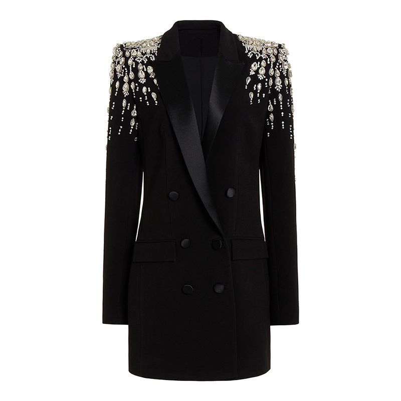 Crystal Embellished Double Breasted Long Blazer for Cocktail Parties and Evening Elegance Women-Vyana Collective