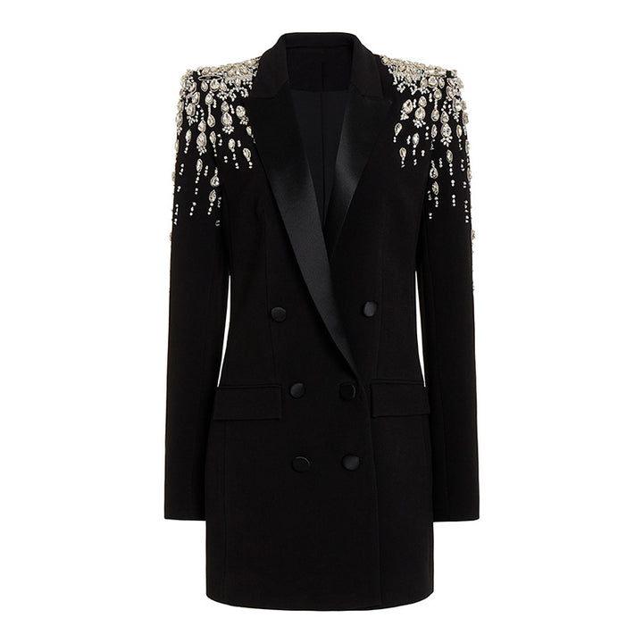 Crystal Embellished Double Breasted Long Blazer for Cocktail Parties and Evening Elegance Women-Vyana Collective
