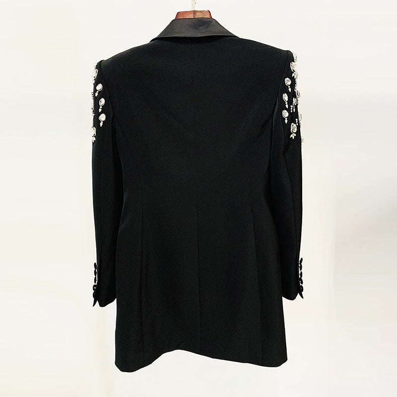 Crystal Embellished Double Breasted Long Blazer for Cocktail Parties and Evening Elegance Women-Vyana Collective