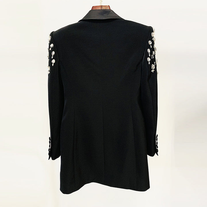 Crystal Embellished Double Breasted Long Blazer for Cocktail Parties and Evening Elegance Women-Vyana Collective