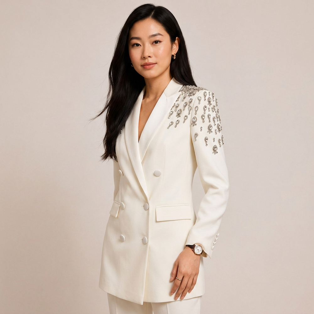 Crystal Embellished Double Breasted Long Blazer for Cocktail Parties and Evening Elegance Women-Vyana Collective