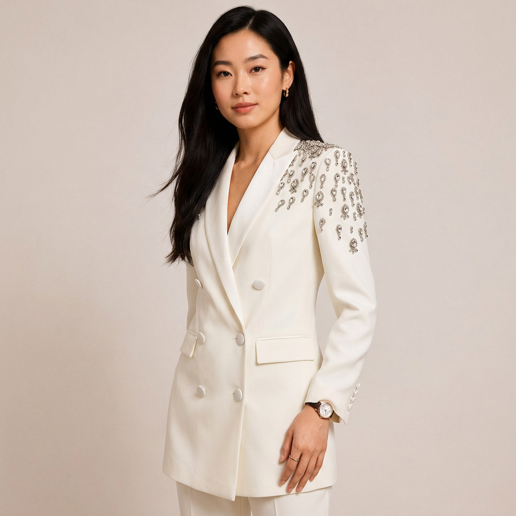 Crystal Embellished Double Breasted Long Blazer for Cocktail Parties and Evening Elegance Women-Vyana Collective