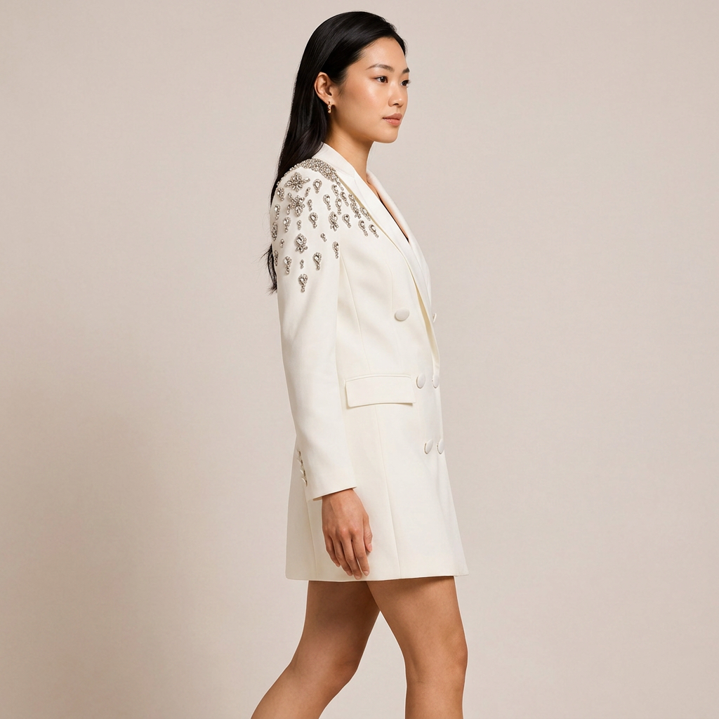 Crystal Embellished Double Breasted Long Blazer for Cocktail Parties and Evening Elegance Women-Vyana Collective