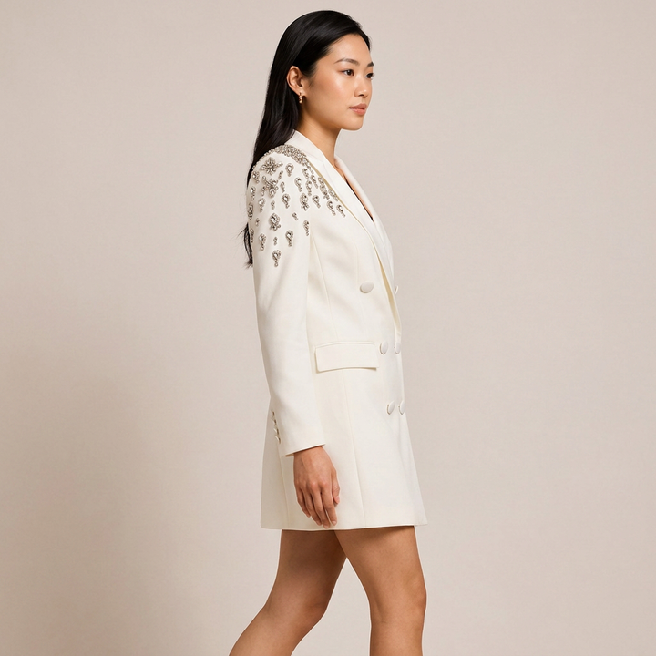 Crystal Embellished Double Breasted Long Blazer for Cocktail Parties and Evening Elegance Women-Vyana Collective