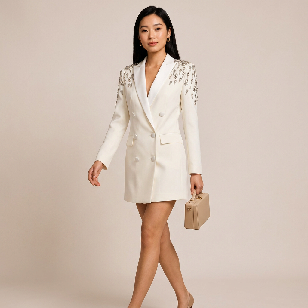 Crystal Embellished Double Breasted Long Blazer for Cocktail Parties and Evening Elegance Women-Vyana Collective