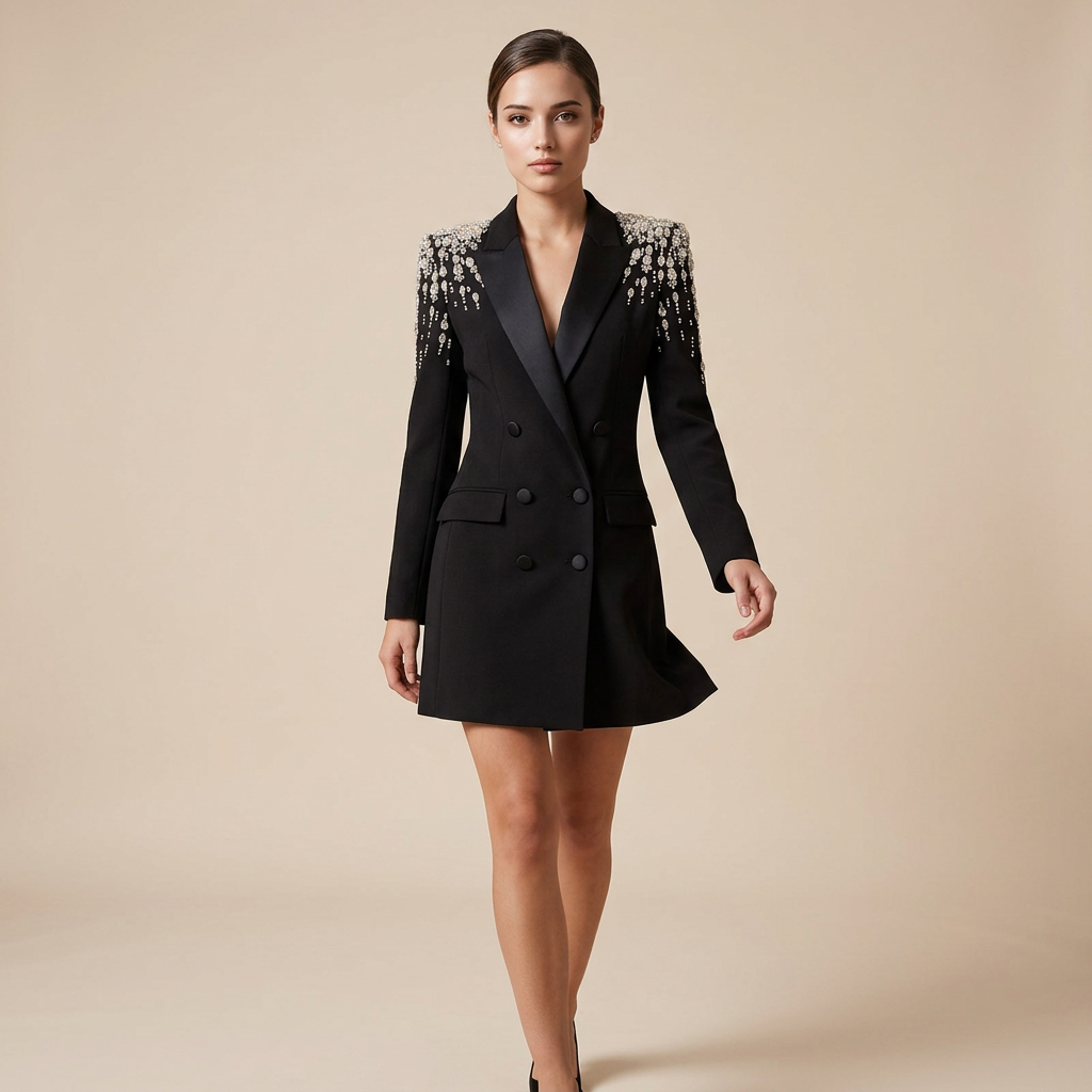 Crystal Embellished Double Breasted Long Blazer for Cocktail Parties and Evening Elegance Women-Vyana Collective
