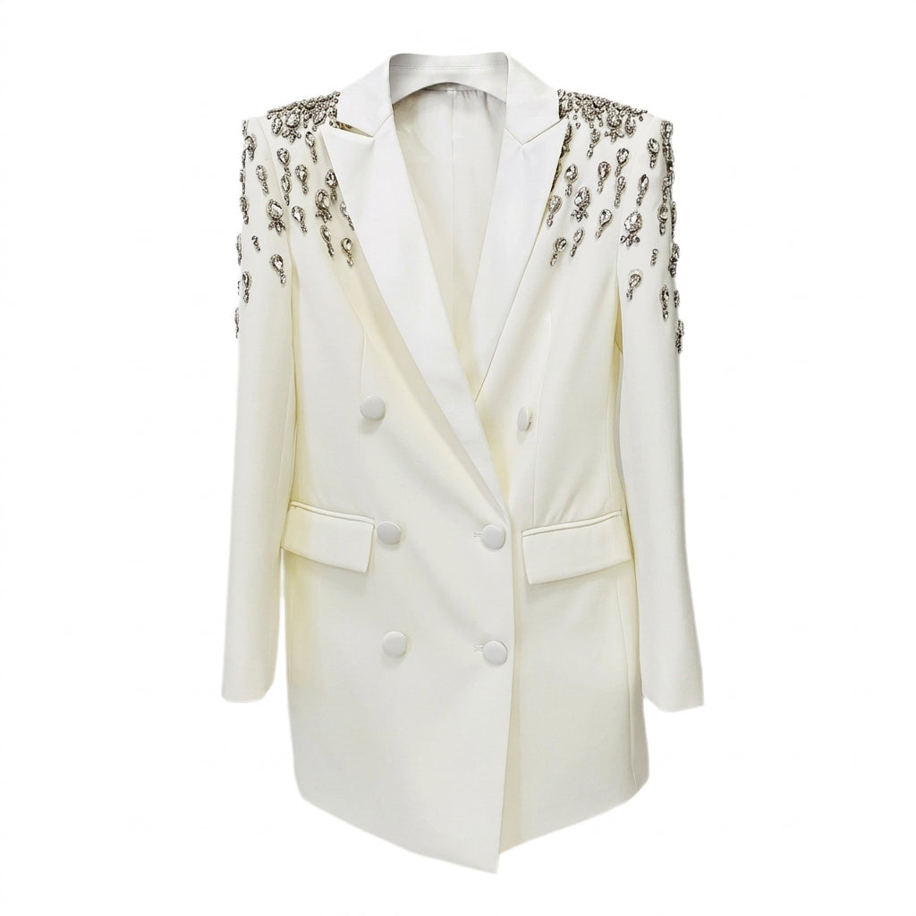 Crystal Embellished Double Breasted Long Blazer for Cocktail Parties and Evening Elegance Women-Vyana Collective