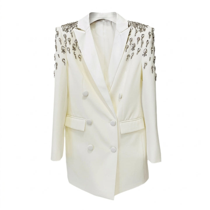 Crystal Embellished Double Breasted Long Blazer for Cocktail Parties and Evening Elegance Women-Vyana Collective