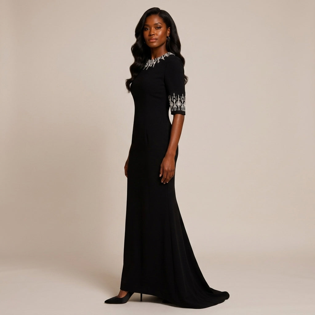 Crystal-Embellished High-Neck Elbow-Sleeve Column Evening Gown-Vyana Collective