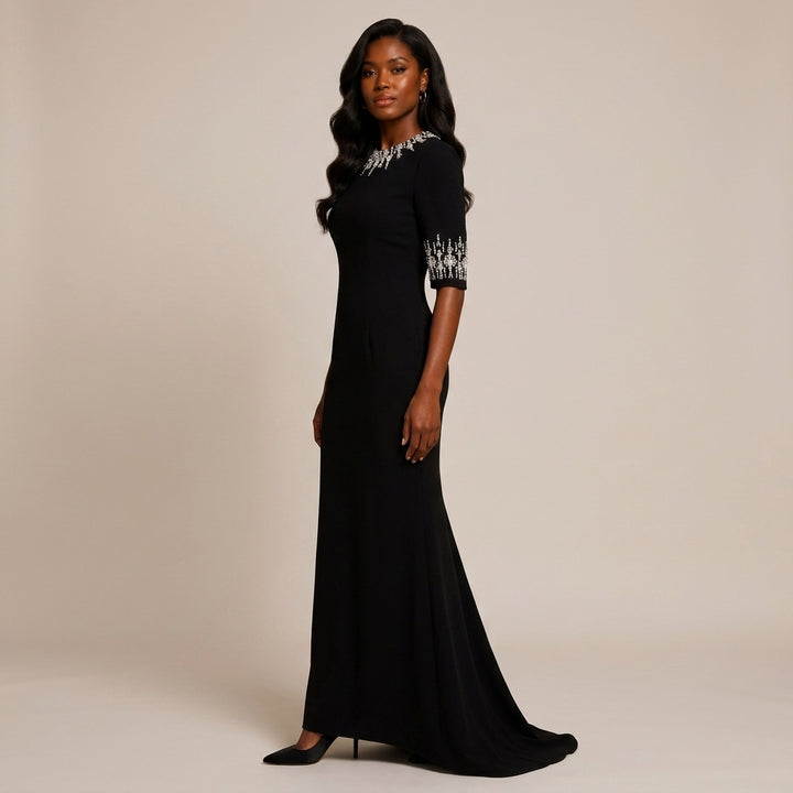 Crystal-Embellished High-Neck Elbow-Sleeve Column Evening Gown-Vyana Collective
