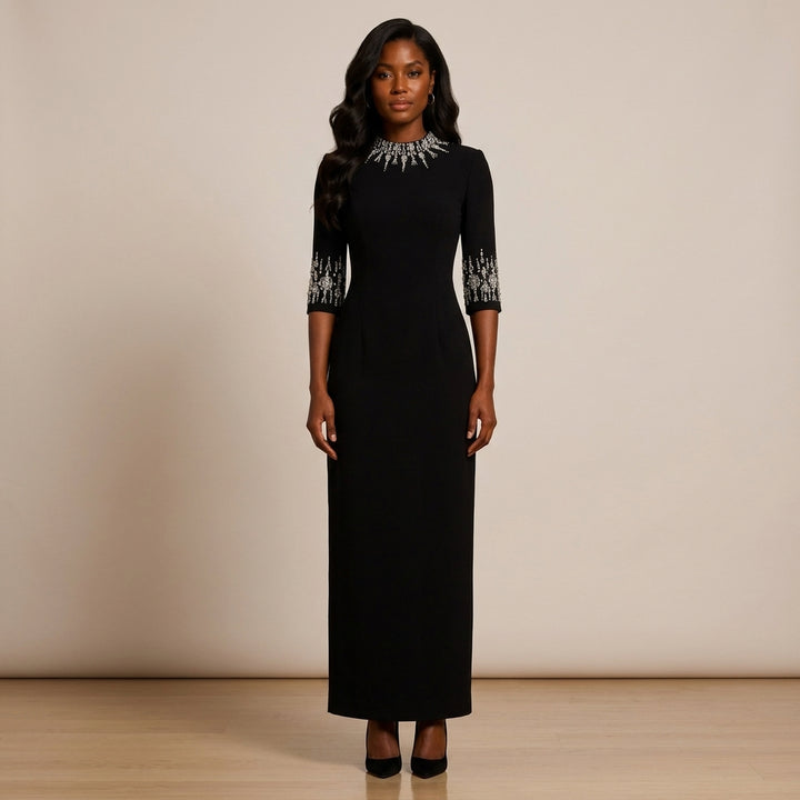 Crystal-Embellished High-Neck Elbow-Sleeve Column Evening Gown-Vyana Collective