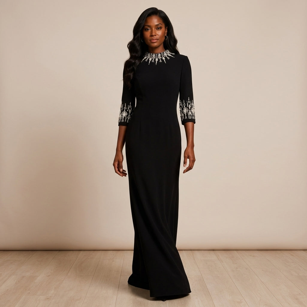 Crystal-Embellished High-Neck Elbow-Sleeve Column Evening Gown-Vyana Collective