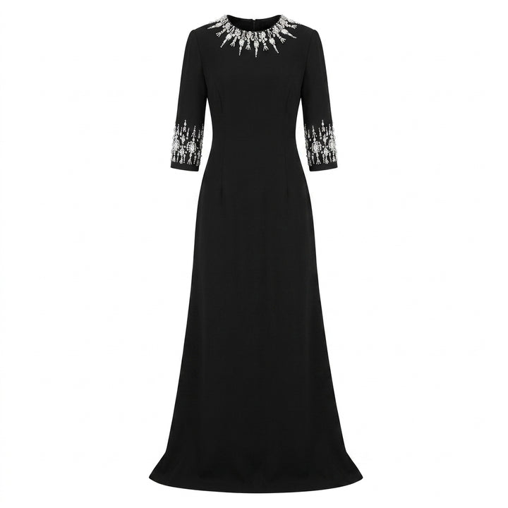 Crystal-Embellished High-Neck Elbow-Sleeve Column Evening Gown-Vyana Collective