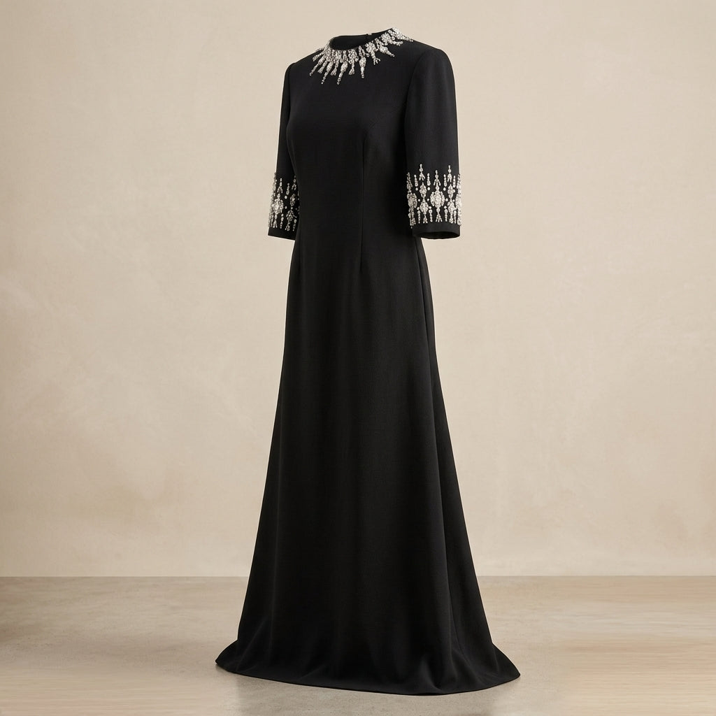 Crystal-Embellished High-Neck Elbow-Sleeve Column Evening Gown-Vyana Collective