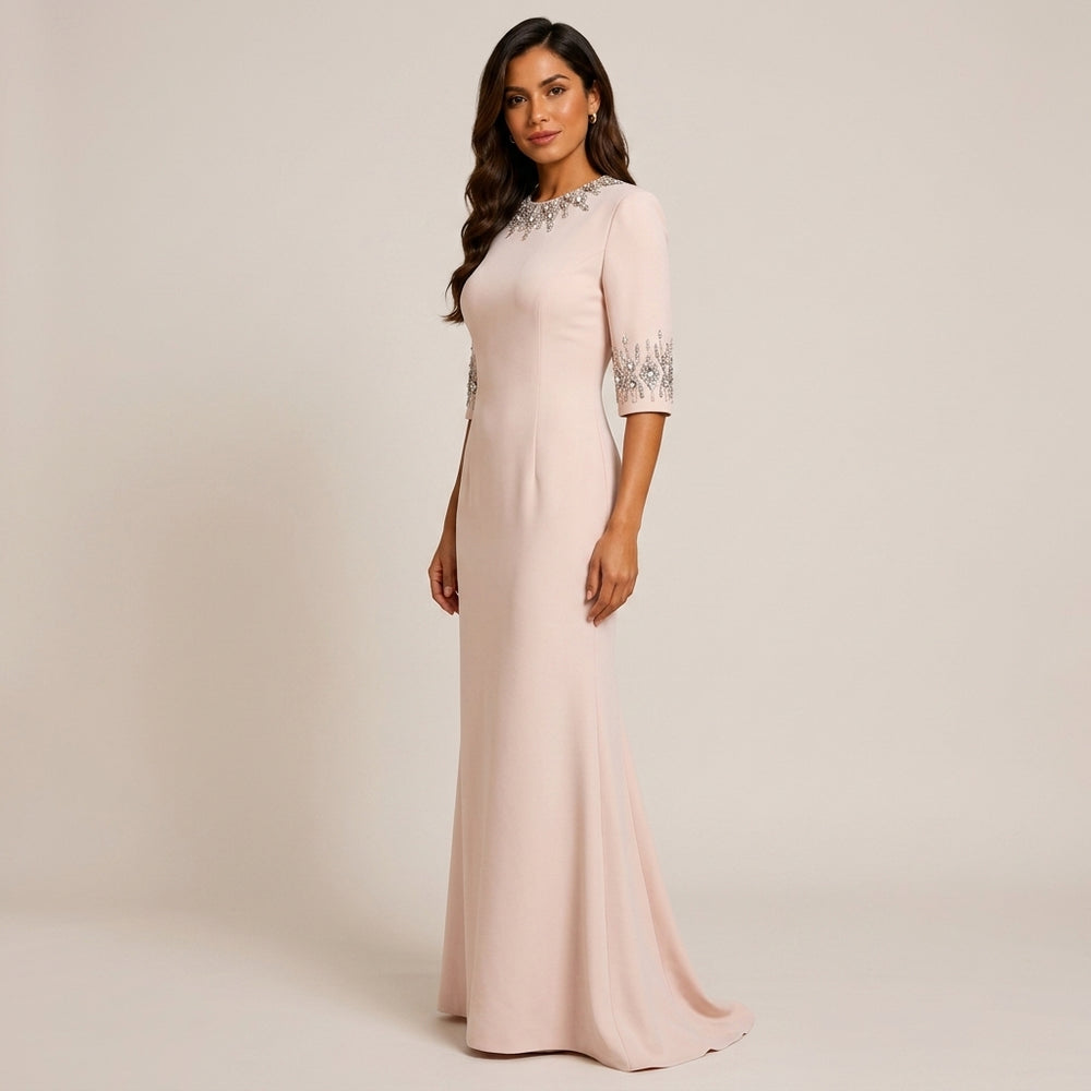 Crystal-Embellished High-Neck Elbow-Sleeve Column Evening Gown-Vyana Collective