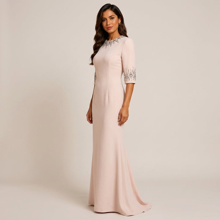 Crystal-Embellished High-Neck Elbow-Sleeve Column Evening Gown-Vyana Collective