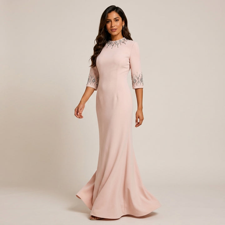 Crystal-Embellished High-Neck Elbow-Sleeve Column Evening Gown-Vyana Collective