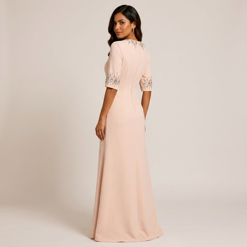 Crystal-Embellished High-Neck Elbow-Sleeve Column Evening Gown-Vyana Collective