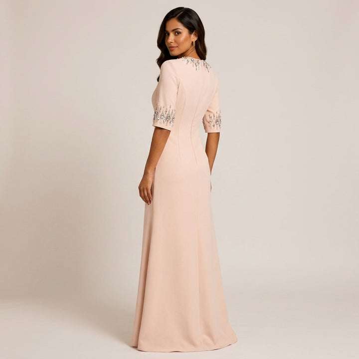 Crystal-Embellished High-Neck Elbow-Sleeve Column Evening Gown-Vyana Collective