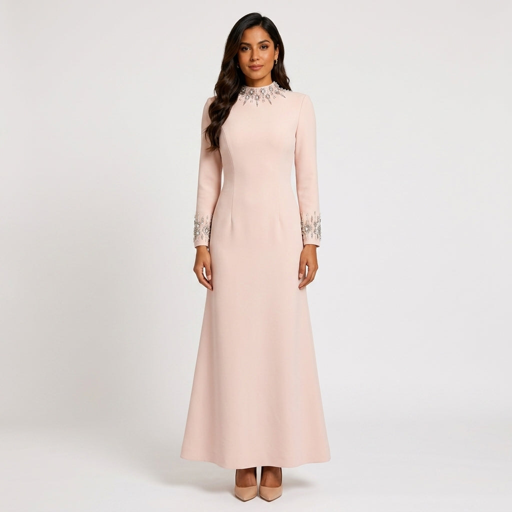 Crystal-Embellished High-Neck Elbow-Sleeve Column Evening Gown-Vyana Collective