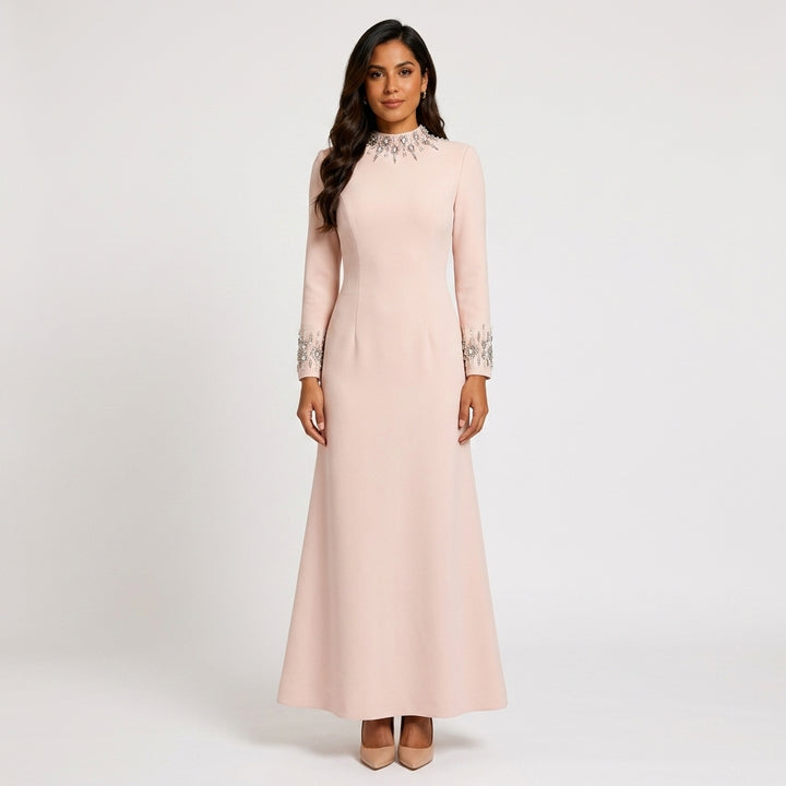 Crystal-Embellished High-Neck Elbow-Sleeve Column Evening Gown-Vyana Collective