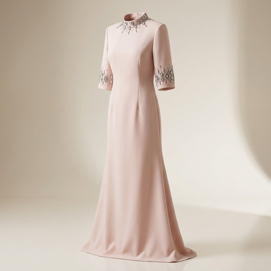 Crystal-Embellished High-Neck Elbow-Sleeve Column Evening Gown-Vyana Collective